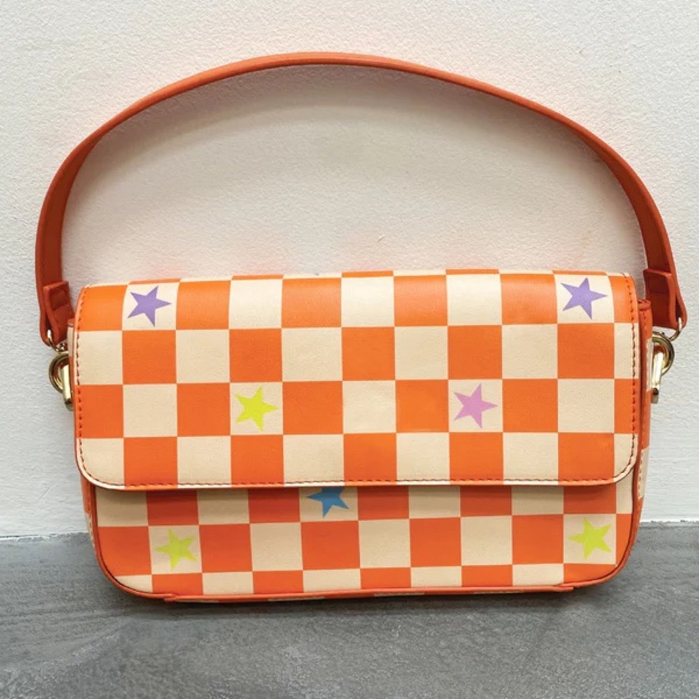 Never Fully Dressed Orange and Cream Checkered Shoulder Bag